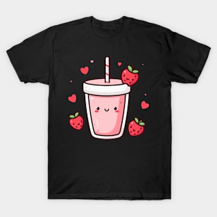 Cute Kawaii Strawberry Milkshake with Strawberries and Hearts | Kawaii Food T-Shirt